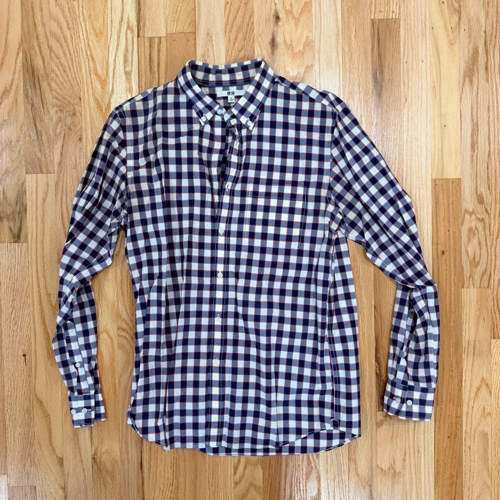 Uniqlo Men's Navy White Red Plaid Long Sleeve Dress Shirt